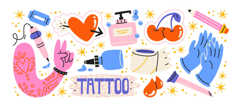 Tattoo studio artist stickers retro cartoon style. Tattoo machine, ink, gloves, cherries, perfume, needles and body art symbols, colorful tattoo salon and piercing collection