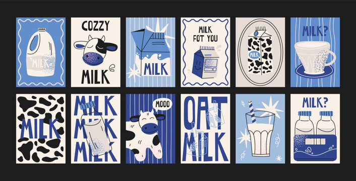 Milk poster collection in retro cartoon style. Dairy bottles, carton packs, latte glass, cute cows and milk typography cards. Farm breakfast prints, cozy dairy kitchen posters