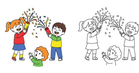 Fototapeta premium Happy Kids Celebrating with Confetti Poppers - Joyful Children's Party Illustration