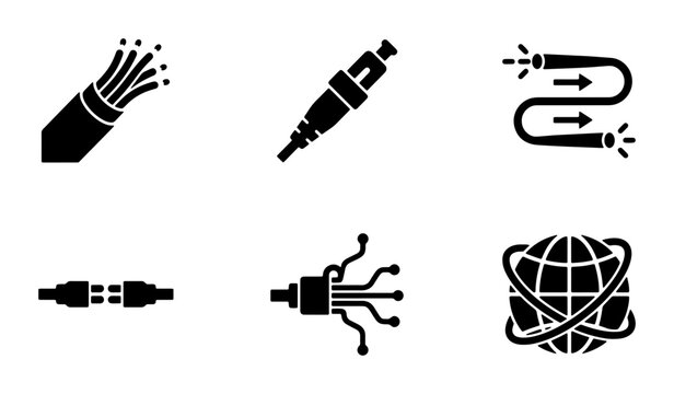 Fiber Optic Cable Icons, Network Connection Symbols, Data Transmission Graphics, Internet Connectivity Icons, Technology Vector Set