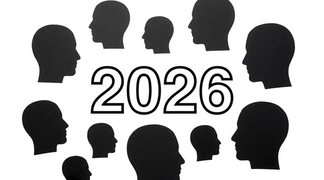 Year 2026 concept with human head silhouettes, diverse profile icons surrounding 2026 text, future population and social demographic planning isolated on Transparent Background