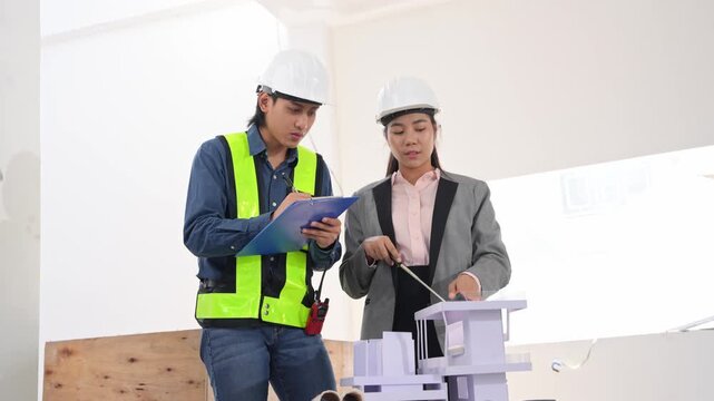 Asian engineer and female architect reviewing architectural plans and examining a building model at a renovation or construction site