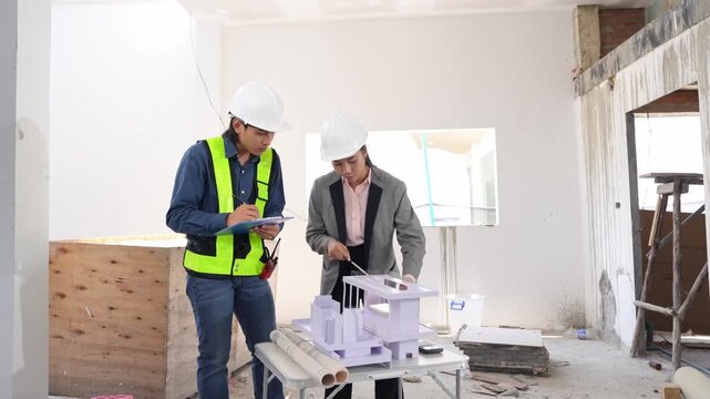 Asian engineer and female architect reviewing architectural plans and examining a building model at a renovation or construction site