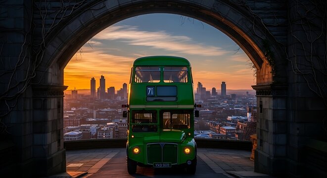 Iconic green double-decker bus framed by archway at sunset overlooking city skyline