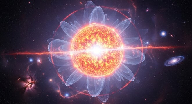 Cosmic illustration showing a stellar body and surrounding nebulous aura with galaxy clusters