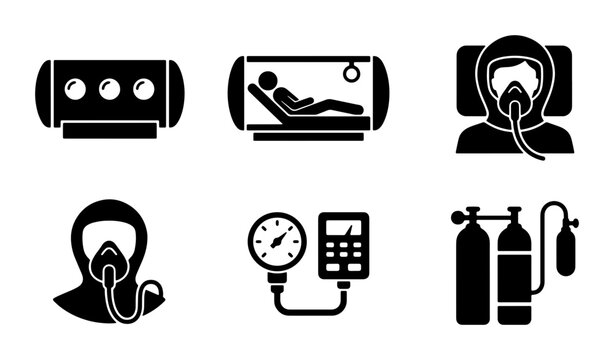 Medical Oxygen Therapy Icons, Hyperbaric Chamber, Patient Care, Respiratory Support Equipment, Healthcare Symbols