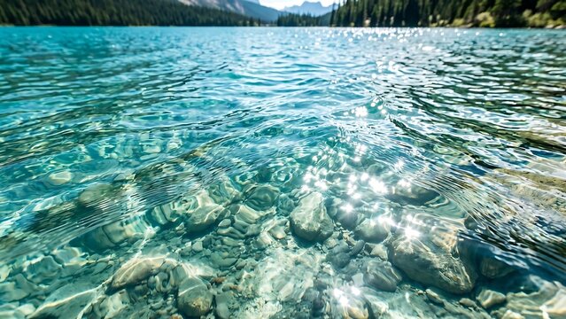 Crystal clear turquoise water over rocky lake bed with sunlight reflections