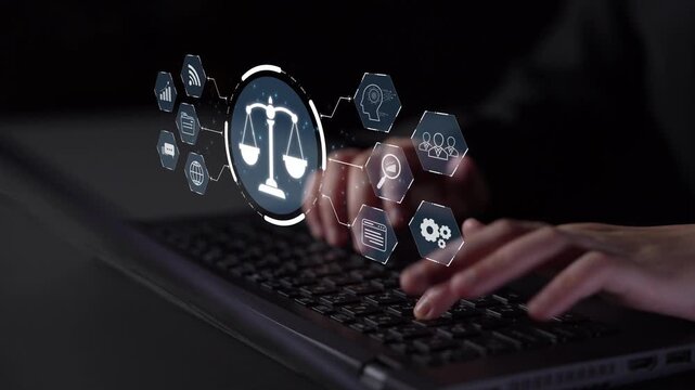 Futuristic digital law interface displaying justice scale, highlighting digital law, AI compliance, digital law systems, and digital law regulations for secure governance. Muxer