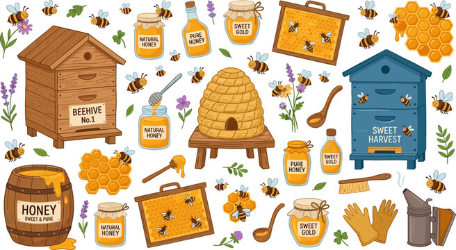 Illustration of bees, beehive, honey jars, honeycomb, and honey tools with floral accents on a white background.
