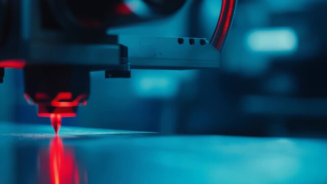Industrial fiber laser cutting head emits a bright red beam engraving a steel sheet, showcasing precision cnc metal processing and automated manufacturing in a modern factory setting