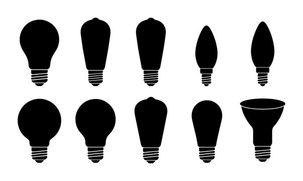 Diverse Incandescent and LED Light Bulb Silhouettes, Vintage Edison Style and Modern Shapes, Black Vector Icons for Illumination Concepts