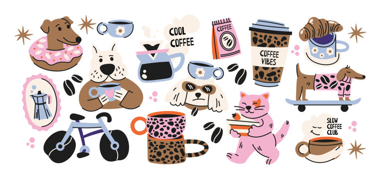Cozy coffee shop sticker shapes with cute animals drinking coffee mugs beans takeaway cups and bakery treats, warm cafe atmosphere with pets enjoying drinks and relaxed morning mood