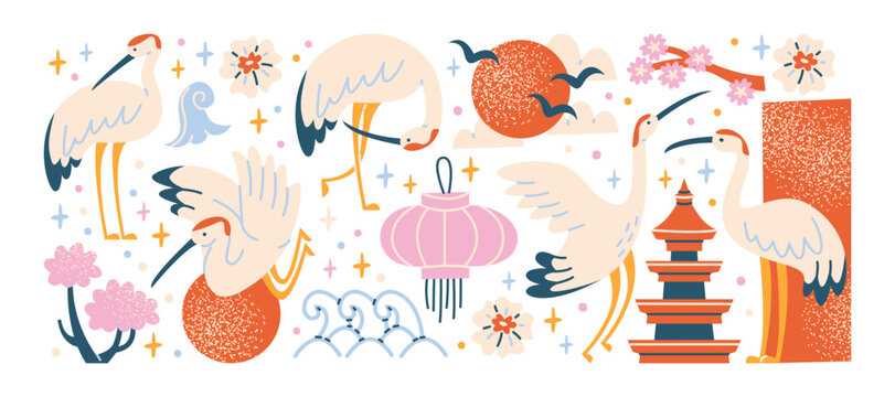 Heron birds sticker with japanese lantern pagoda and sakura flowers, elegant long leg birds in asian culture setting with flying cranes and oriental decorative elements