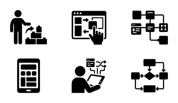 Process Flow Icons Set, Workflow Diagram Symbols, Algorithm Logic Elements, Business Process Management Graphics, System Architecture Icons, Data Flow Charts, UI UX Design Elements