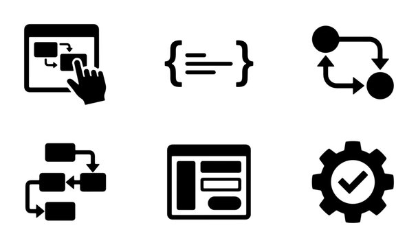 Workflow Icons Set, Process Flowcharts, Algorithm Diagrams, Project Management Tools, Business Strategy Symbols, UI Elements, 6 Vector Graphics