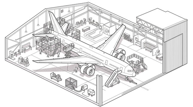  Isometric Aircraft Hangar and Maintenance Facility &ndash; Wide-Body Jet, Tail Dock, Engine Access Stands
