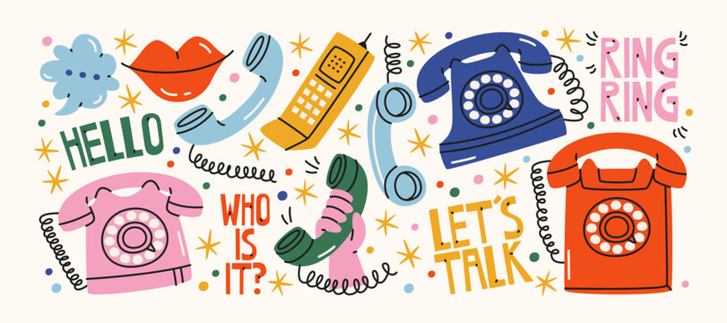 90s telephone retro vintage stickers with classic rotary phones and nostalgic communication elements, ringing handset phrases and voice call symbols for old school telephony and nineties aesthetic