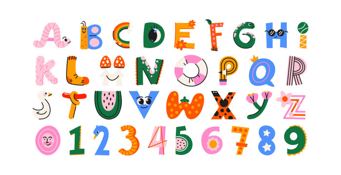 Cutout alphabet font in retro cartoon style. Playful magazine collage lettering with uneven shapes, bold characters and handmade look, childish and doodle typeface for posters, kids projects
