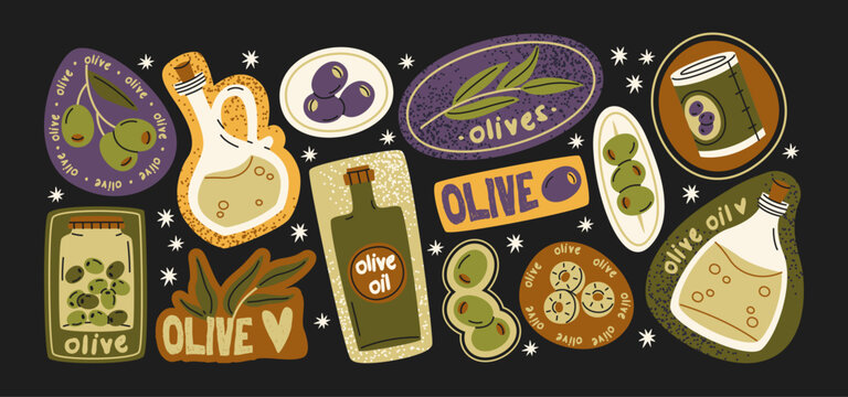 Olive stickers in cartoon style. Olive branches, fruits, olive oil bottles, jug, bowl and Mediterranean plants. Traditional culinary elements and seasonings for cooking, kitchen doodle stickers