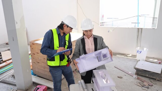 Asian engineer and female architect reviewing architectural plans and examining a building model at a renovation or construction site