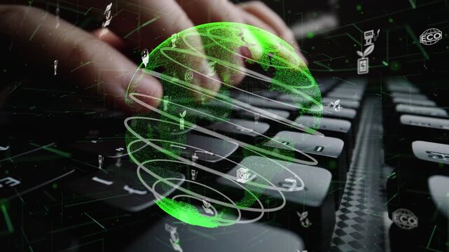A captivating visual of a digital globe enveloped in eco-friendly icons. This image symbolizes the fusion of technology and sustainability, perfect for discussions on innovation. Xenic
