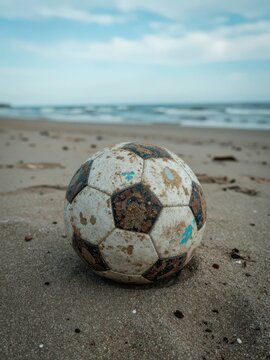Beach Soccer Ball Resting on Sandy Shore under Blue Sky