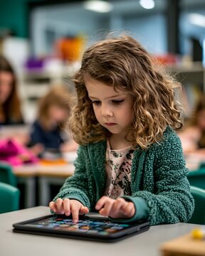 Kleines M&auml;dchen lernt konzentriert mit Tablet im modernen Klassenzimmer