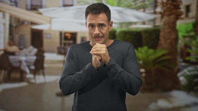 Man with moustache clasping hands near mouth on street patio between umbrellas, head turned and eyes closed in uneasy pose; nervousness.