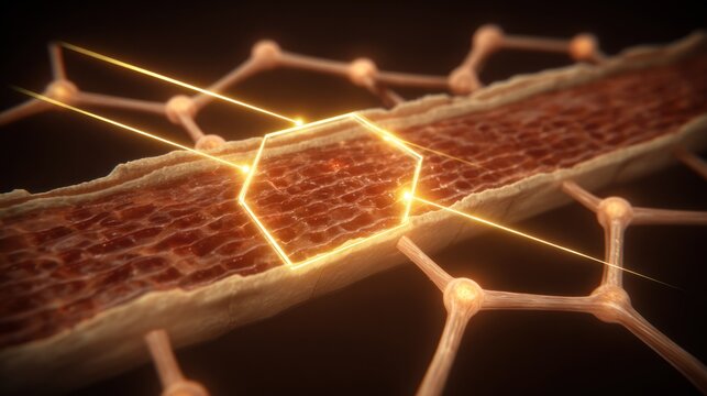 Illuminated hexagonal structure interacts with deep tissue fibers in a microscopic biological visualization