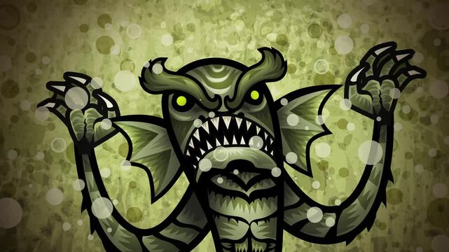 cartoon lagoon monster fish creature swimming in deep waters