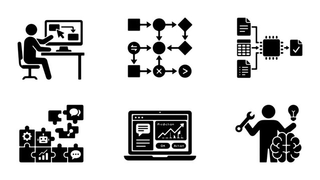 Business Process Icons, Workflow Diagram Set, Data Analysis Graphics, Problem Solving Symbols, 6 Vector Elements for Digital Strategy and Management