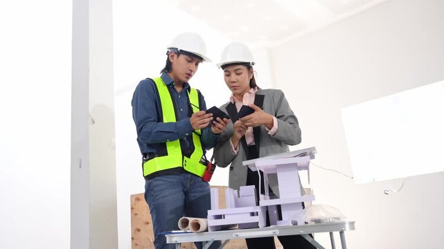 Asian engineer holding paper work and female architect reviewing architectural plans and examining a building model at a renovation or construction site