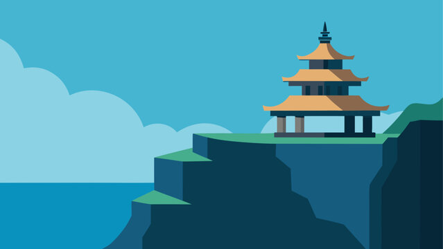 Traditional chinese pagoda on cliff by blue ocean and sky
