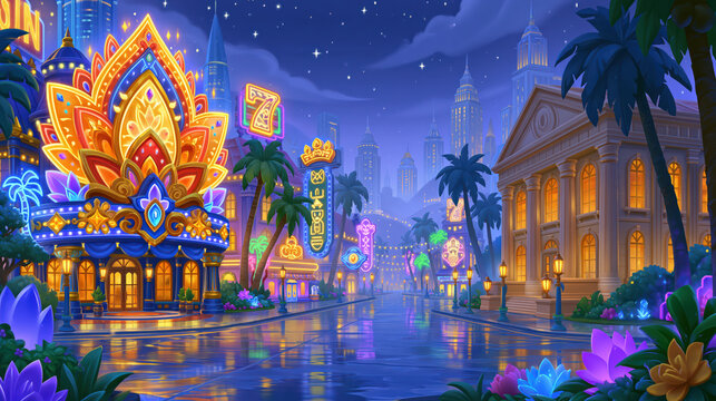 Stylized casino city background art, game environment concept art, vibrant dark blue night sky, 
