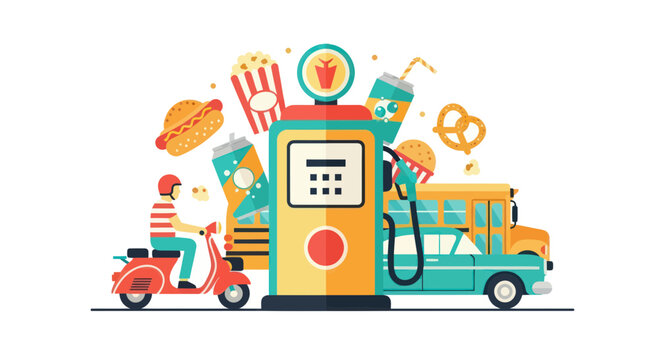 Fast Food Delivery Service: Scooter, Food Truck, Gas Pump, Snacks
