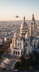 Fototapeta premium Iconic basilica dominates city skyline at golden hour, drone surveys
