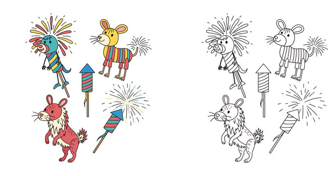 Whimsical Firecracker Animals and Fireworks - Festive Celebration Elements