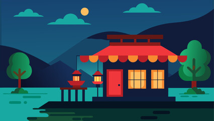 Obraz premium Cozy red house at night with moon and trees in winter