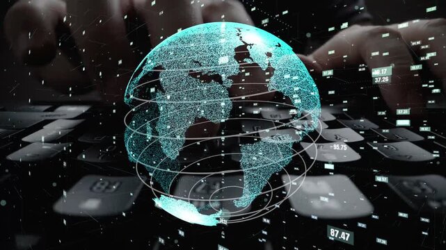 Digital illustration depicting a futuristic globe with data visualizations on a keyboard, symbolizing technology, connectivity, and innovation in modern networks. Xenic