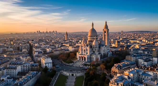 Iconic basilica dominates Parisian skyline at sunset, urban sprawl beyond