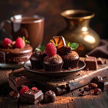 Chocolate cupcakes with raspberries and cocoa.