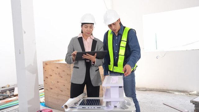 Asian engineer holding paper work and female architect reviewing architectural plans and examining a building model at a renovation or construction site