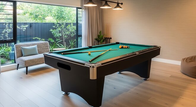 Modern professional billiard table in a luxury home game room with garden view interior