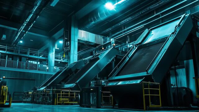 Industrial facility interior with modern heavy machinery, large conveyer systems, and internal structures, emphasizing automation and manufacturing in a contemporary setting