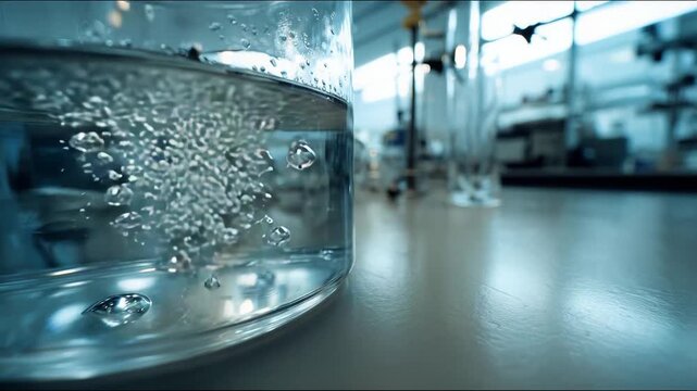 Water bubbles rise within a glass beaker on a workbench, symbolizing scientific research, experimentation, and clinical development in a modern lab environment