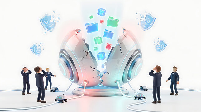 Damaged server, miniature businessmen, data breach, digital disaster, network failure