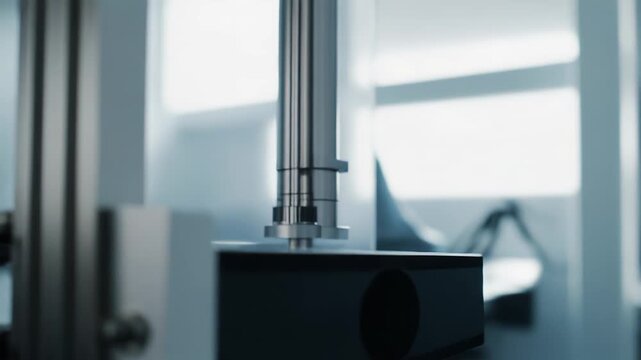 Close up view of precision laboratory equipment and its mechanical components processing microscopic analysis on a reflective high tech surface in a modern science facility