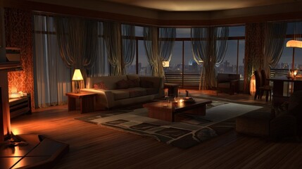 Fototapeta premium Luxurious penthouse living room displays warm interior lighting against a vast metropolitan nightscape visible through expansive windows.