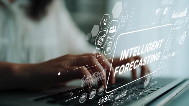 Modern technology concept focused on intelligent forecasting with data visualization and keyboard interaction in a professional setting. Asymptotic smart data analytic.