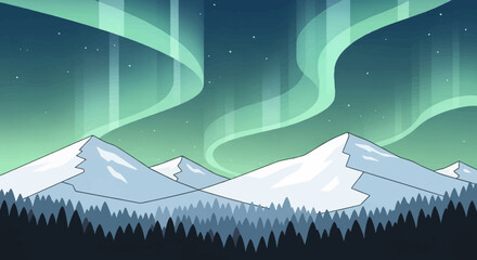 Majestic Snow-Capped Mountains Under a Vibrant Aurora Borealis Sky. © Ahyar